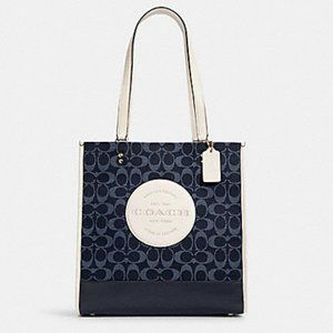 Coach Dempsey Tote Bag Leather Dark Blue Jacquard